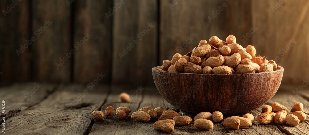 Poster peanuts set against a woody backdrop. with copy space image. place for adding text or design