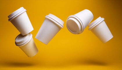 黄色い背景の前で、5つの白い紙製のコーヒーカップが浮かんでいるように配置された画像です。カップはシンプルで現代的なデザインが特徴で、使い捨て容器やテイクアウト文化を象徴しています。カップの配置と背景の色が、動きとエネルギーを感じさせます。generative AI