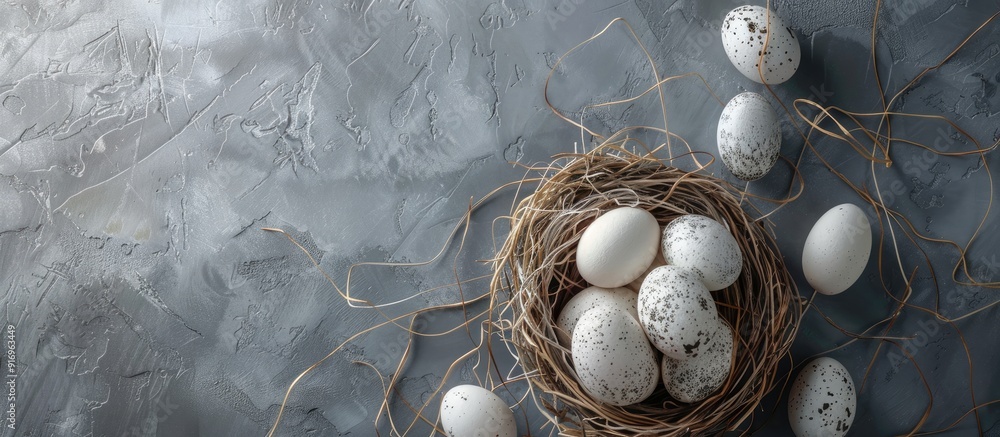 Aufkleber Close up of Easter eggs in a nest against a grey background Top view. with copy space image. Place for adding text or design