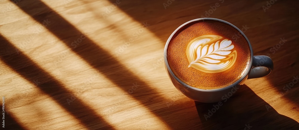 Aufkleber Close up of latte art in hot coffee on a wooden table. with copy space image. Place for adding text or design
