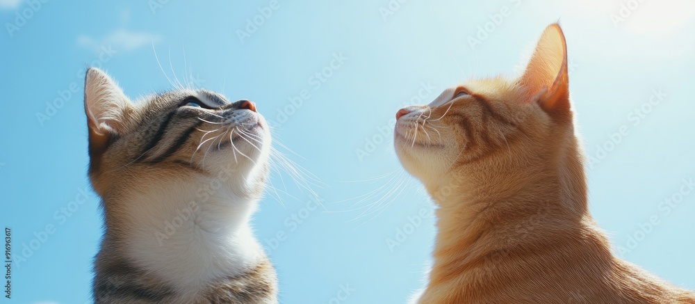 Poster two cats against a blue sky. with copy space image. place for adding text or design