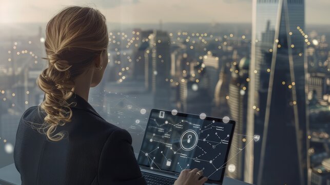 A businesswoman in a high-rise office overlooking the city, her laptop screen showing a Privacy Lock icon amidst a network of secure connections.