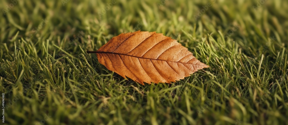 Poster a dry autumn leaf resting on the grass. with copy space image. place for adding text or design