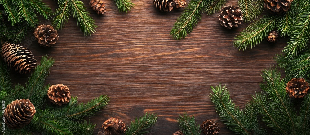 Poster template for a christmas card featuring a fir tree border and copy space wooden table alongside natu