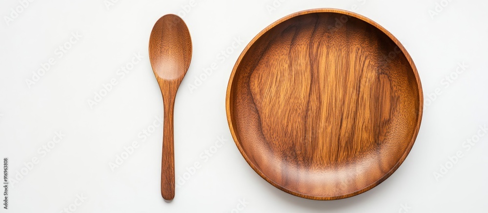 Poster an empty wooden spoon and plate on a white background featuring wooden dishware and tableware. with 