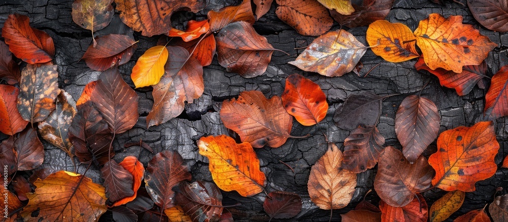 Aufkleber fallen autumn foliage and leaves on weathered wood. with copy space image. place for adding text or 