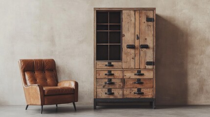 Rustic Wooden Cabinet with Leather Armchair