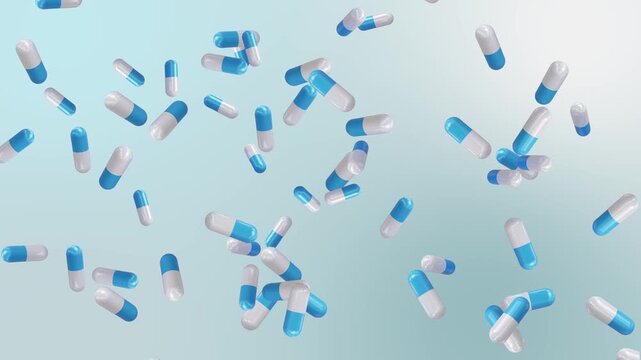 3D loop animation with slowly floating capsules on light background. Close-up of a white and blue pill on a gradient background. 3d render pills. 3d animation Loop, 4K