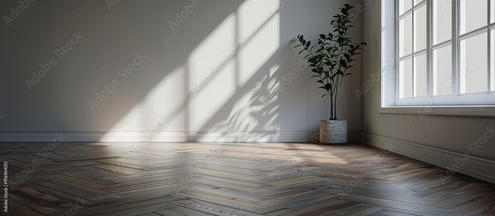 Aufkleber Minimalist interior design of an empty room featuring fishbone flooring. with copy space image. Place for adding text or design