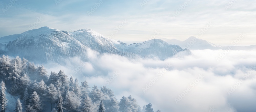 Poster Fog covered mountain landscape. with copy space image. Place for adding text or design