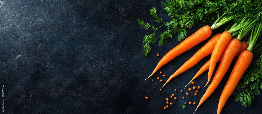 Poster fresh carrots with green tops on a dark background a concept of healthy eating top view image featur