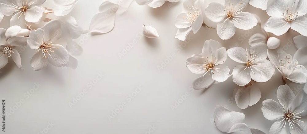 Poster delicate white spring flowers on a white surface. with copy space image. place for adding text or de