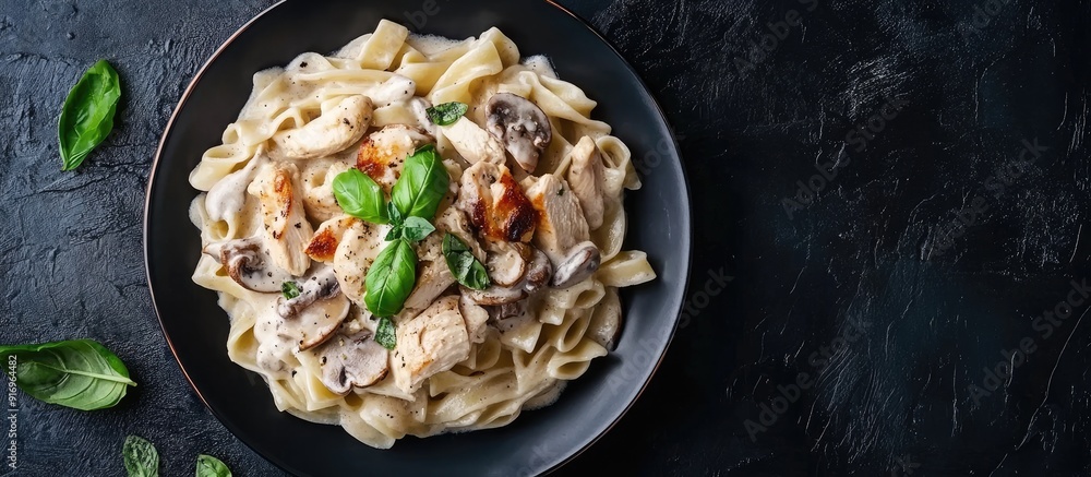 Aufkleber italian creamy pasta with chicken and mushrooms garnished with basil sauce top view classic italian 