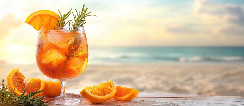 Poster Aperol spritz cocktail in a glass with orange slices and rosemary on a table at the beach Room for text. with copy space image. Place for adding text or design