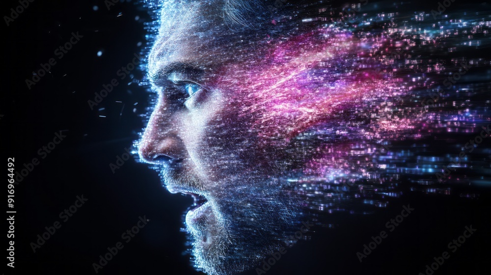 Poster a man exhibits a shocked expression as colorful particles swirl around him in an abstract representa
