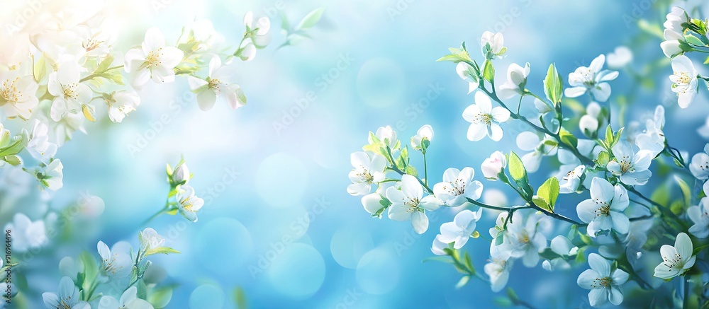 Poster A frame composed of flowering branches set against a blue background. with copy space image. Place for adding text or design