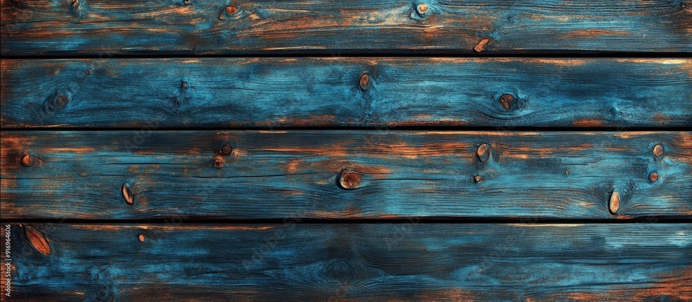Poster Rustic wood background with a blue stain free layer. with copy space image. Place for adding text or design