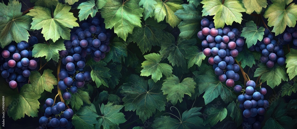 Poster bunch of grapes on the vine surrounded by green leaves. with copy space image. place for adding text