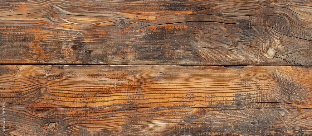 Aufkleber Close up of a rustic wood table featuring a grain texture in a vintage style The surface of an old wood plank in macro view provides an empty template and copyspace for an abstract background wallpap