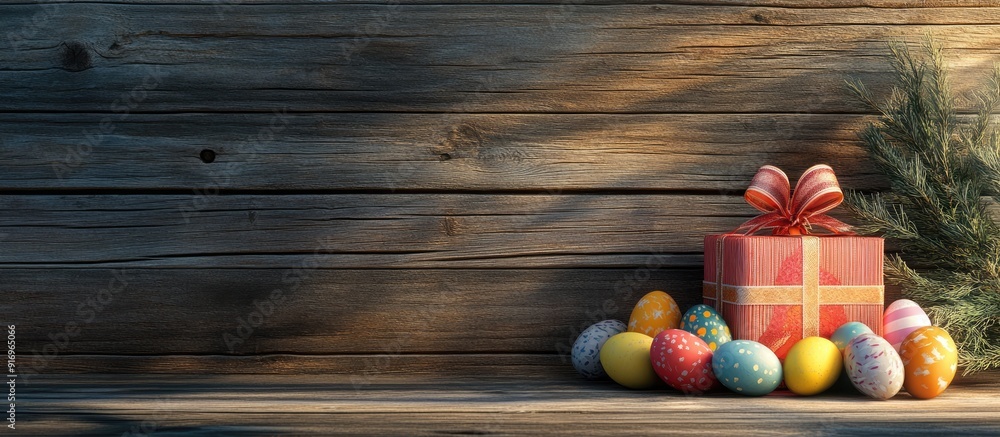 Poster easter greeting card featuring colorful easter eggs and a gift box in front of a wooden wall providi