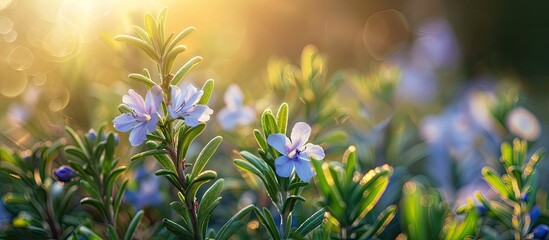 Sprig of rosemary with blue flowers flourishing in a garden illuminated by sunlight against a dark backdrop. with copy space image. Place for adding text or design