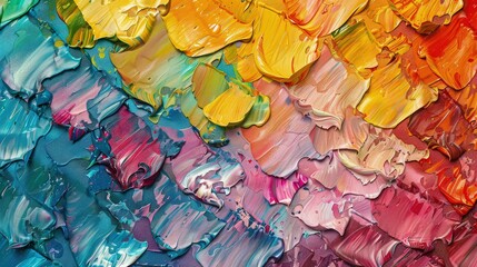 A canvas painted with a riot of colors using oil and palette knife, featuring rough, tactile textures that seem to pop out, designed as a seamless pattern.