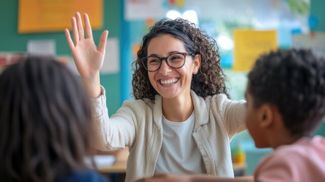 Happy elementary school teacher giving high-five to her student during class in the classroom. - Powered by Adobe