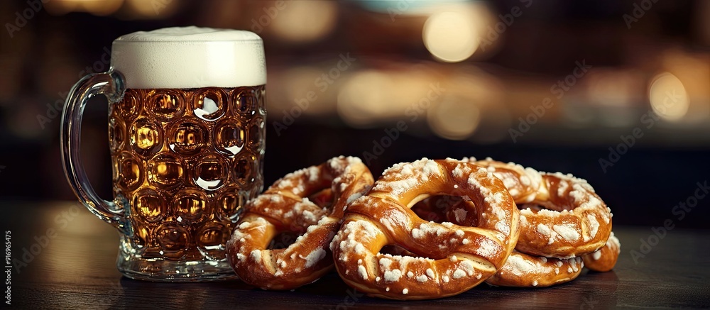 Poster delicious pretzels on a dark wooden surface with a mug of draft beer out of focus in the background.