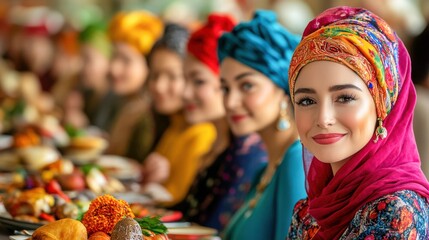 Fototapeta premium Beautiful Muslim Women in Colorful Headscarves at a Festive Gathering