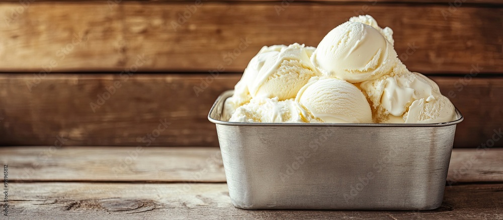 Aufkleber homemade ice cream in a metal container on a wooden surface. with copy space image. place for adding
