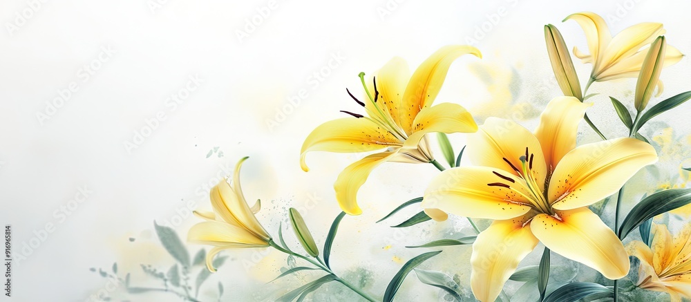 Poster lovely yellow lilies against a white background. with copy space image. place for adding text or des