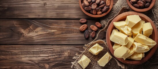 Fototapeta premium Flat lay arrangement featuring organic cocoa butter on a wooden table Room for text. with copy space image. Place for adding text or design