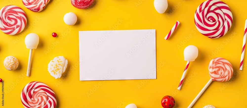 Leinwandbilder arrangement featuring a blank card lollipops and candies on a yellow background. with copy space ima