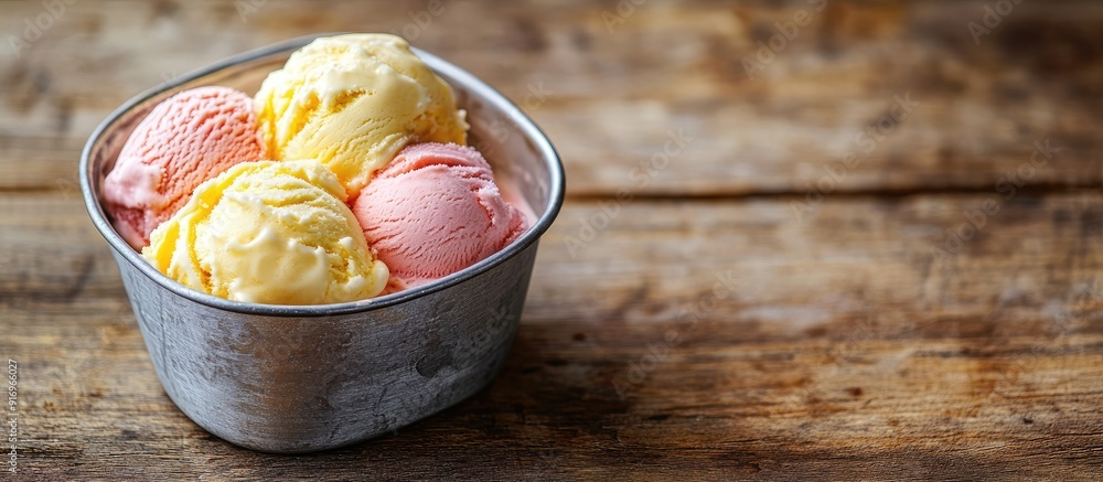 Leinwandbilder Homemade ice cream in a metal container on a wooden surface. with copy space image. Place for adding text or design