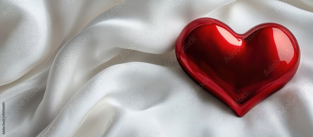 Poster red box jewelry heart positioned on white fabric. with copy space image. place for adding text or de