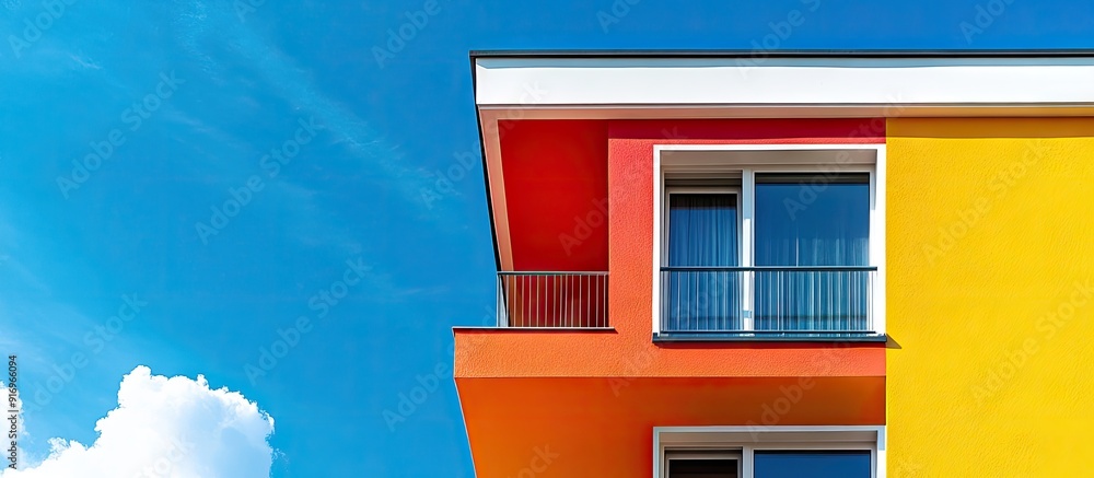 Poster a section of a vibrant house exterior against a blue sky. with copy space image. place for adding te