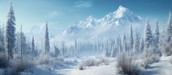 Fototapeta premium The mountains Winter No stress no deadlines just complete tranquility and rest Dense snow blanketed forests rugged trees and bushes and the white crowns of snow laden trees. with copy space image