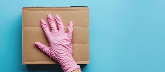 A hand in a pink medical glove holds a cardboard box on a table symbolizing the safe delivery of mail during a virus or coronavirus quarantine or epidemic with a banner featuring copyspace on a blue b
