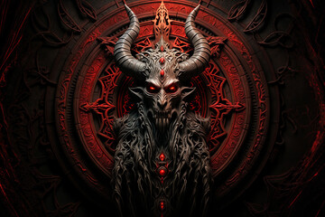 Demonic entity with glowing red eyes and curved horns emerging from intricate, ominous circular symbol, dark fantasy artwork depicting malevolent supernatural creature in hellish environment