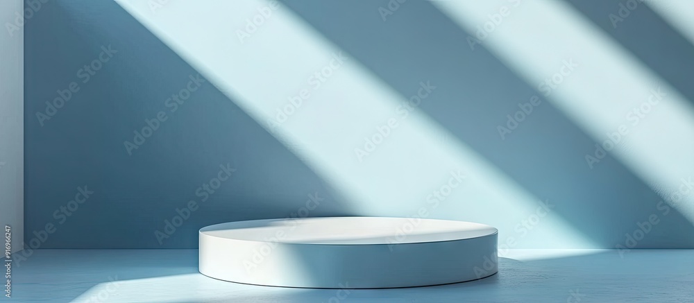 Fototapete Product presentation Podium with shadows on a light blue background Area for text. with copy space image. Place for adding text or design