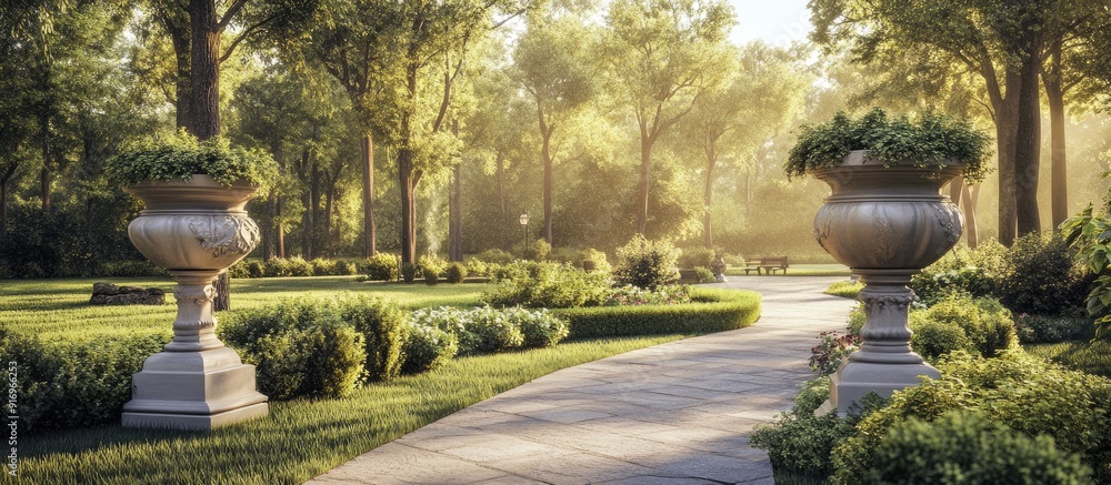 Aufkleber Charming park in a classic style featuring stone ornaments on pedestals lovely plants and a resting area. with copy space image. Place for adding text or design