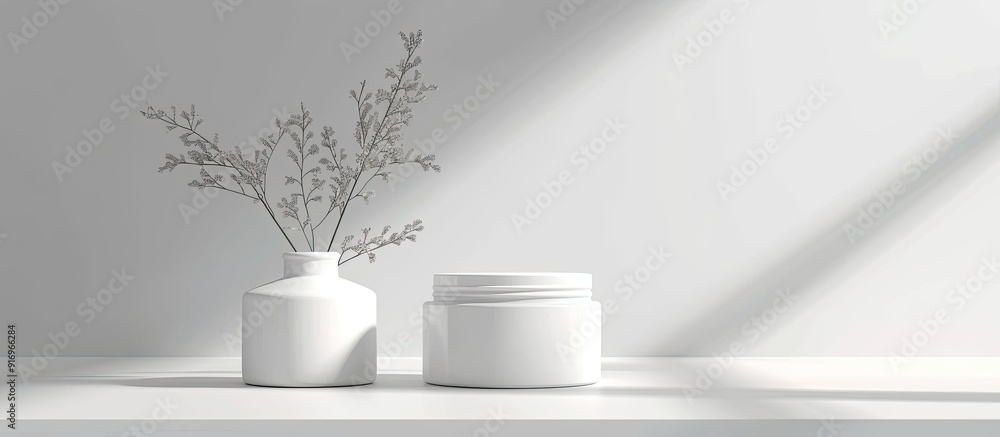 Poster Chic display of facial cream against a white background with room for text. with copy space image. Place for adding text or design
