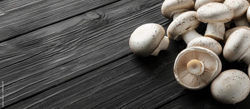 Poster whole and sliced white champignon mushrooms on a black wooden surface. with copy space image. place 