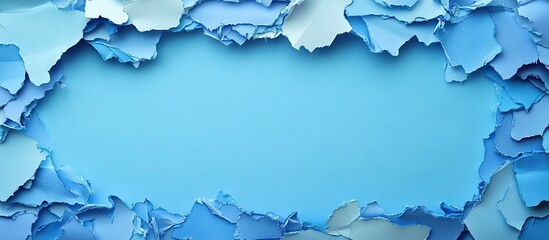 Blue abstract background created from ripped pieces of paper Paper collage featuring a frame Template suitable for graphic design wallpaper covers and wrapping paper Copy space Artificial noise and c