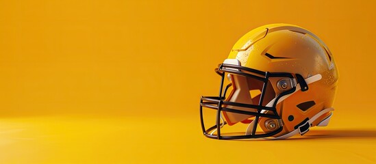 Fototapeta premium Mini helmet of a football player and a ball on a yellow background with copyspace