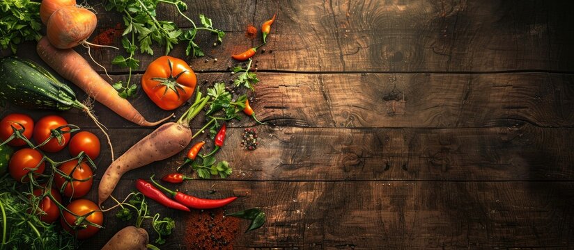 Indian vegetables including tomatoes carrots yams pointed gourd green chilies methi leaves cilantro and eggplants arranged on a wooden background with copy space