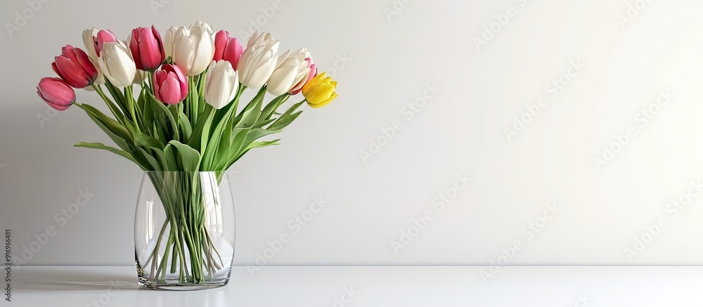 Poster a bouquet of lovely tulips in a glass vase on a white table indoors room for text. with copy space i