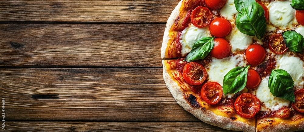 Poster homemade pizza margherita with tomatoes and mozzarella featuring red sauce on a wooden background cl