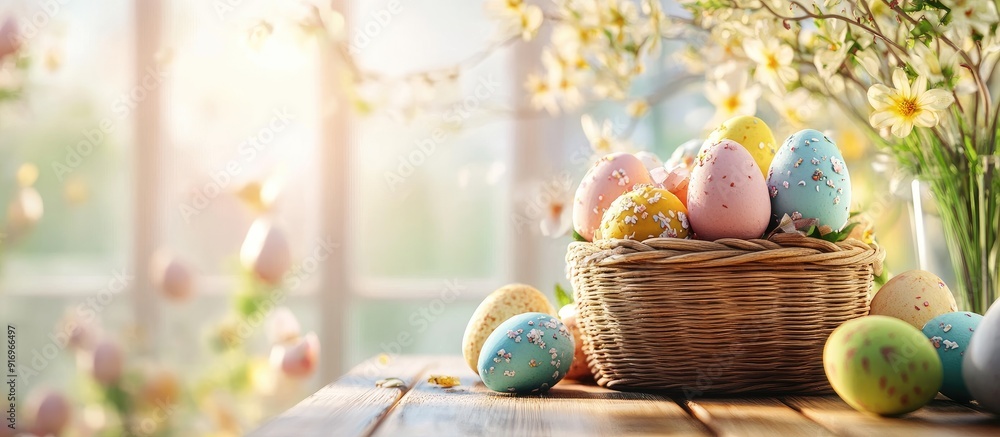 Aufkleber Easter table arrangement Easter food backdrop. with copy space image. Place for adding text or design