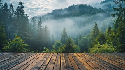 Wooden deck overlooking misty forest mountains